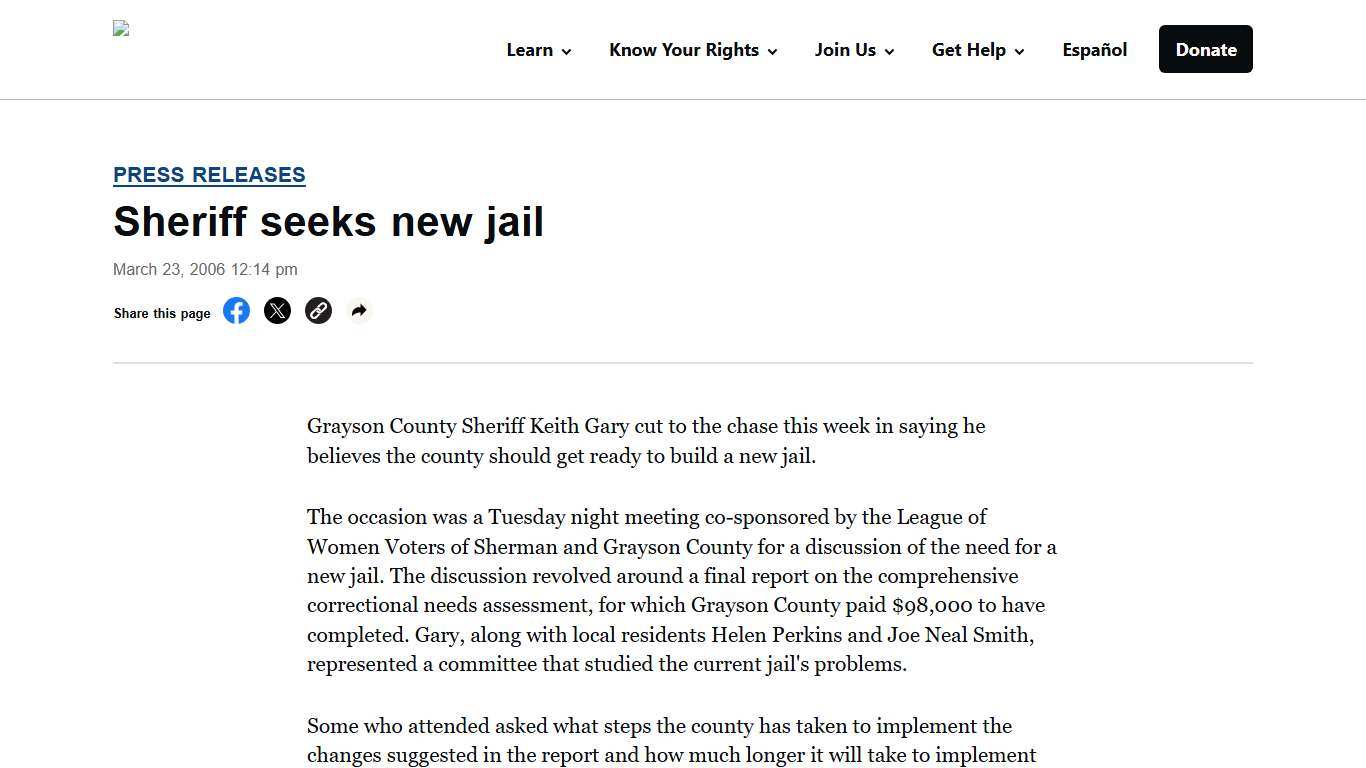 Sheriff seeks new jail - ACLU of Texas